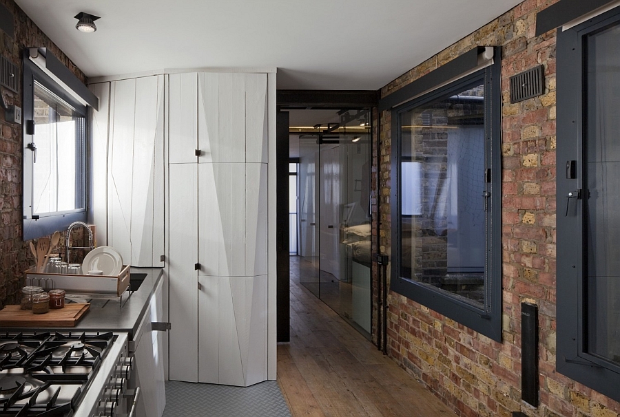 Contemporary shelves and storage units coupled with brick walls