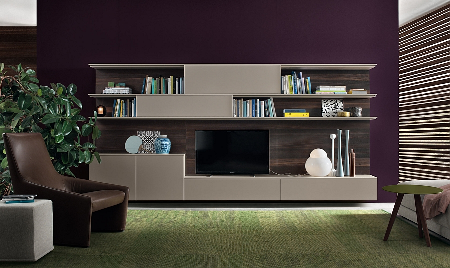 Contemporary wall unit system with space for TV, bookshelves and storage