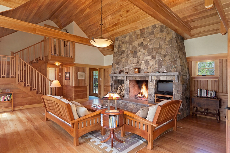 Cool Cabin style space with a cozy fireplace at its heart