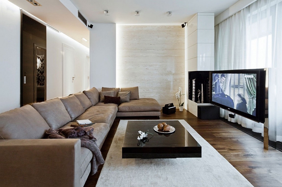 Cool living room with wall mounted entertainment unit