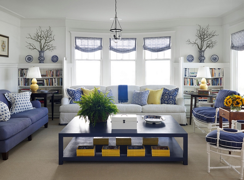 Cottage style living room in blue and white with pops of yellow