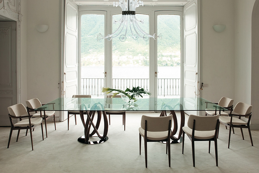 Creative dining table designs in solid walnut and glass