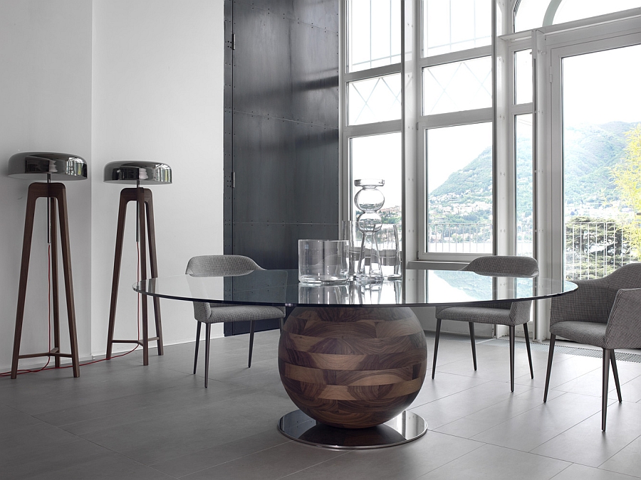 Dining table with base in solid walnut and temepered glass top