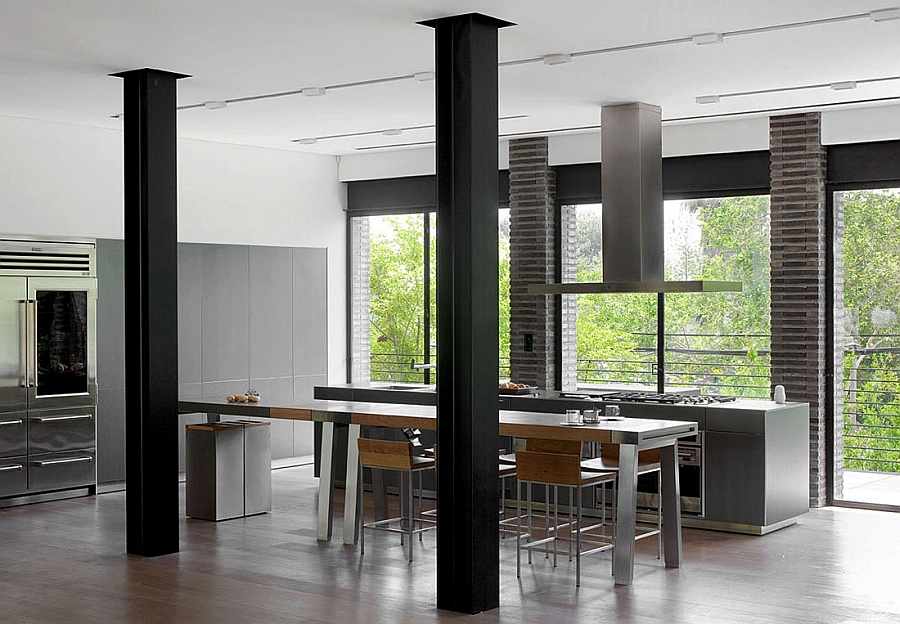 Exposed steel beams in the kitchen