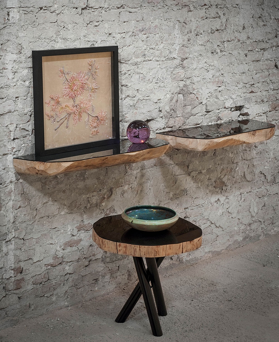 Exquisite tree trunk shelves with a modern, polished surface