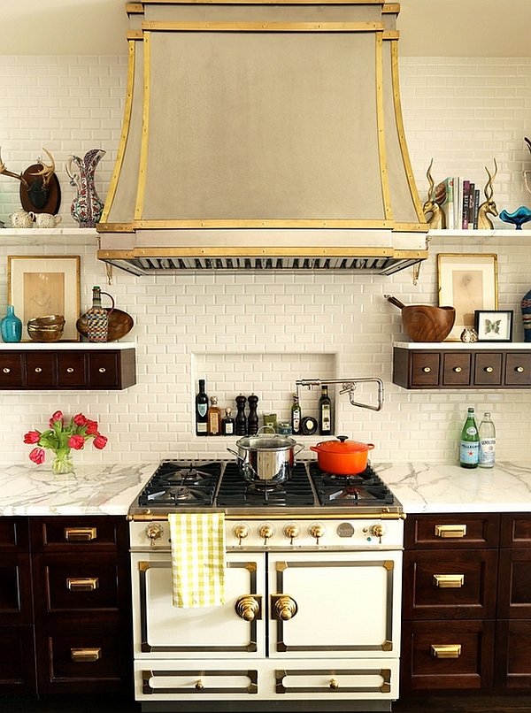 Fabulous use of Apothecary style cabinets in the eclectic kitchen