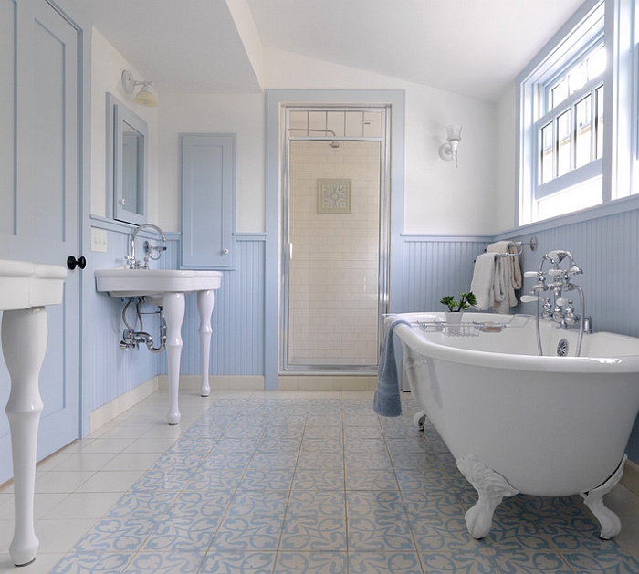 Farmhouse Style Bathroom Uses A Gentle Shade Of Blue Along With White 