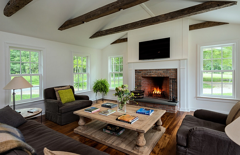 Farmhouse style living room with a fireplace