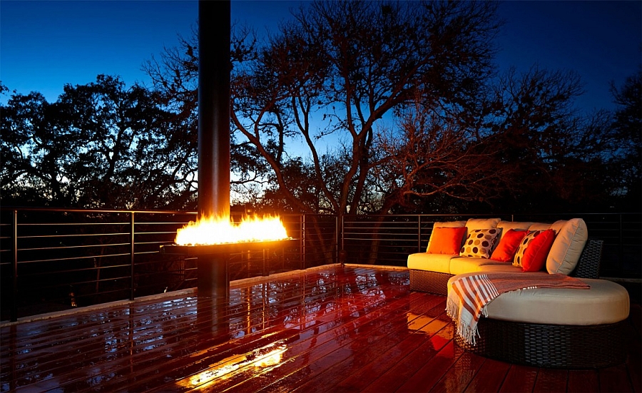 Fireplace and deck space after sunset