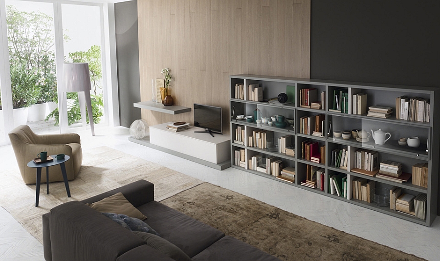 Floor standing living room shelf with an exclusive TV unit and glass shelves