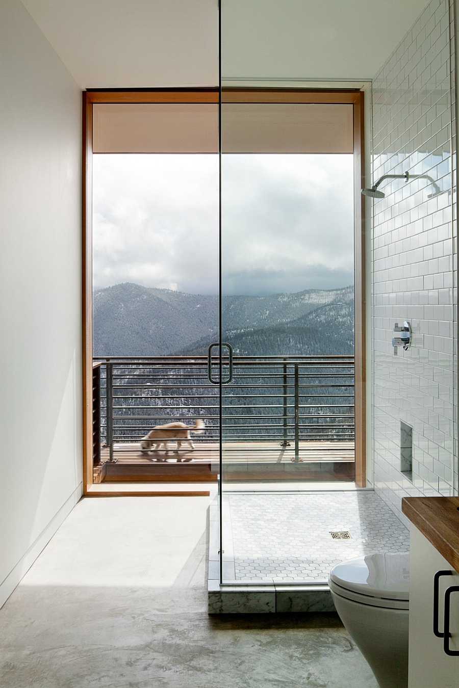 Glass shower enclosure connected with the deck space