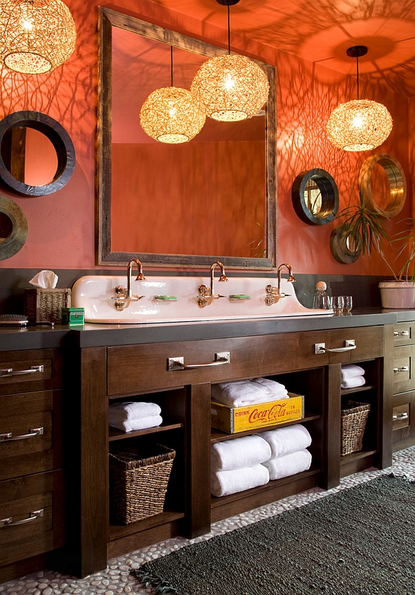 Gorgeous bathroom with lovely lighting uses an old coca cola crate elegantly