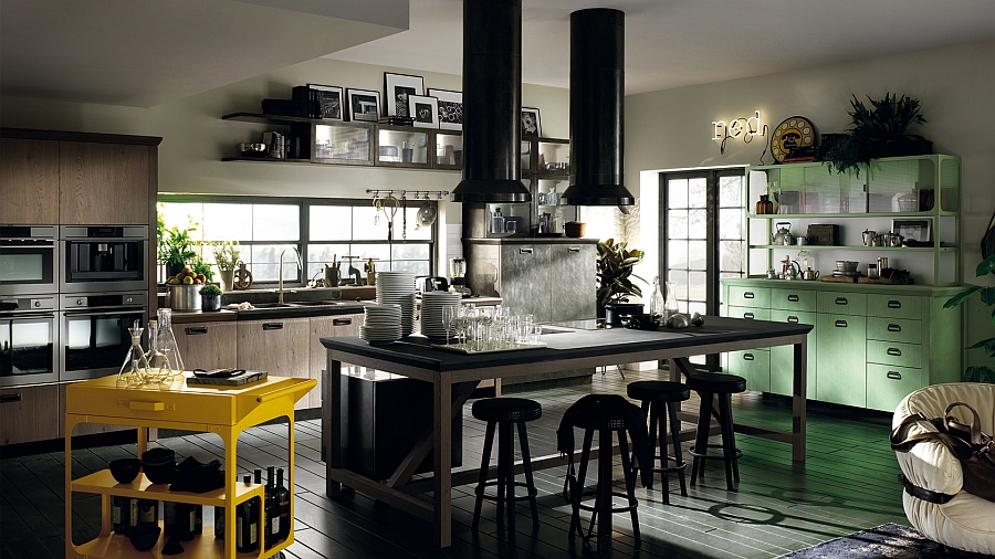 Gorgeous light green cabinets add color and vintage appeal to the modern kitchen