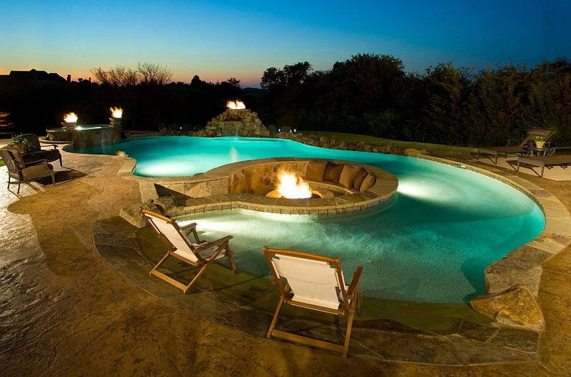 Gorgeous pool area with a fire pit and sunken lounge at its heart