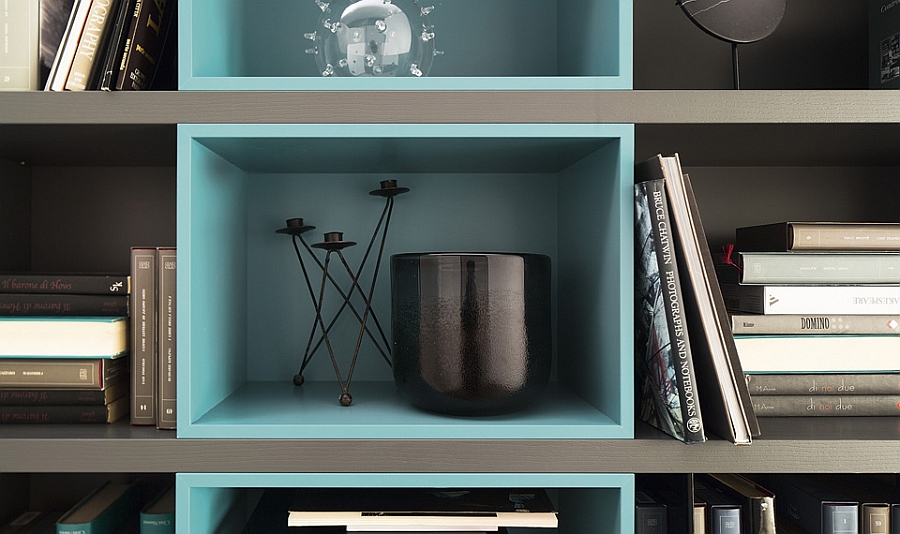 Gorgeous wall unit shelves in turquoise and black with a lacquered finish