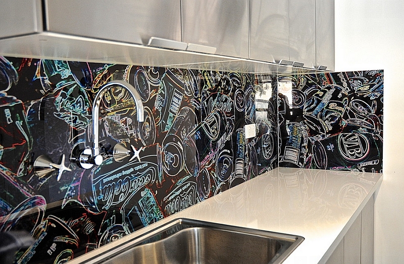 Graffiti style Coca Cola inspired backsplash for the eclectic, modern kitchen