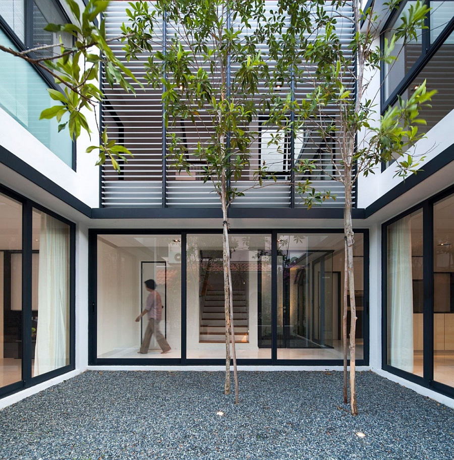 Interior courtyard with sliding glass windows