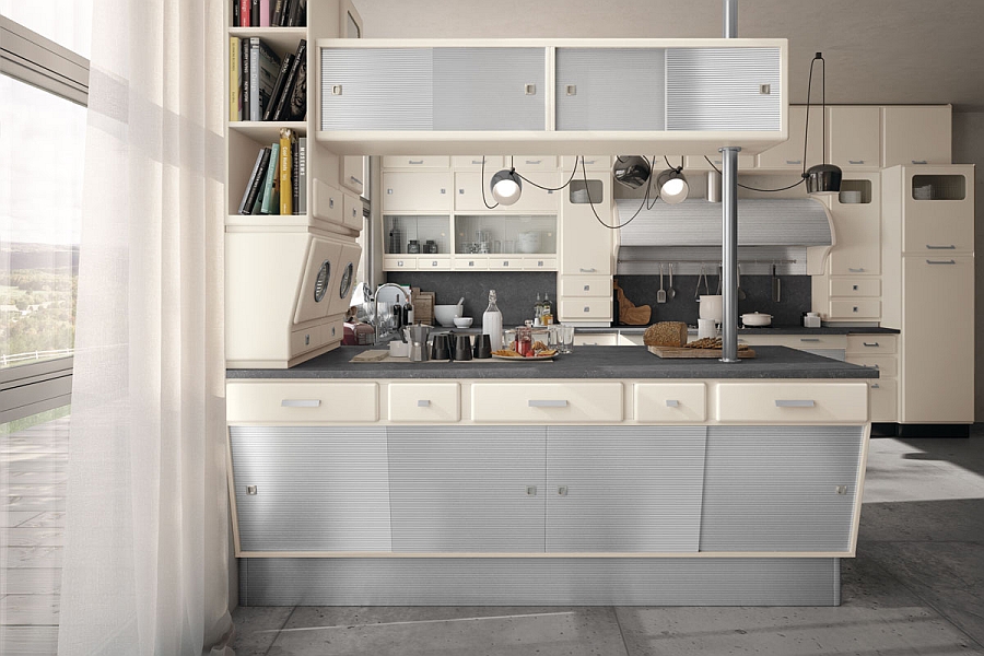 Kitchen and island and serving area with hidden cabinets