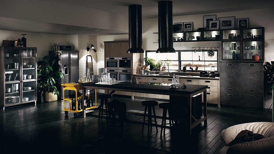 Kitchen in black with dark floor and beautiful cart in yellow