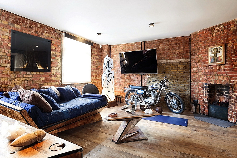 Living room of the chic and industrial apartment in Archer Street, Soho, London