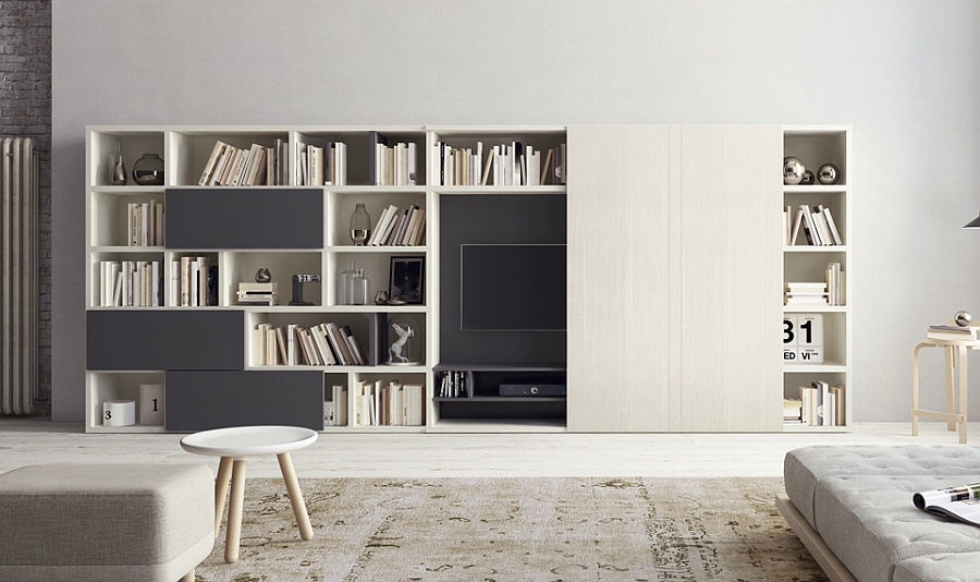 Living room wall unit with large space for bookshelves and a flat screen TV