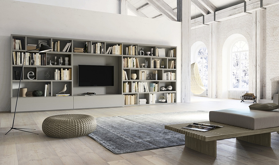 Living room wall unit with side panels, shelves, TV compartment and DVD shelf