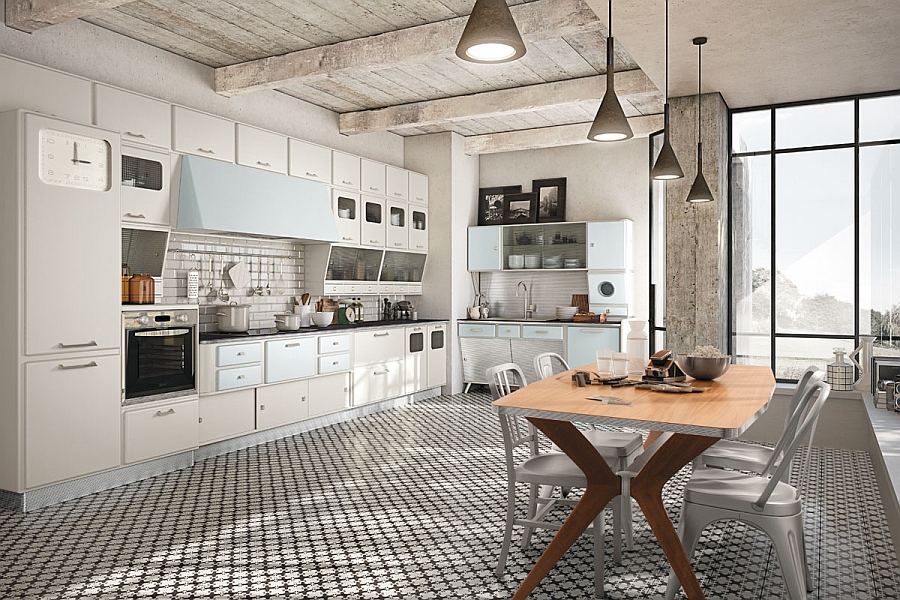 Lovely dining area in a vintage kitchen with white and blue cabinets