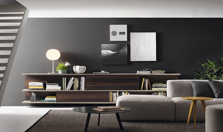 Lovely use of grey in the living room to complement the trendy wall unit