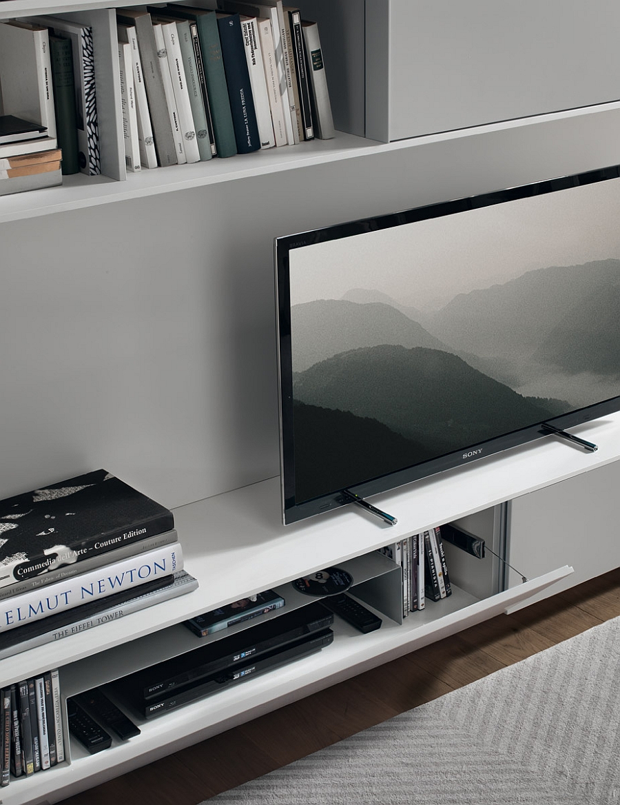 Modern wall unit system with smart, sleek shelves and floating cabinets