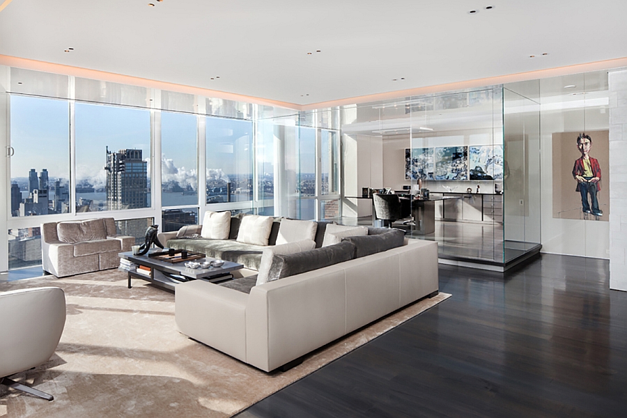 NYC penthouse living room in white with unabated views