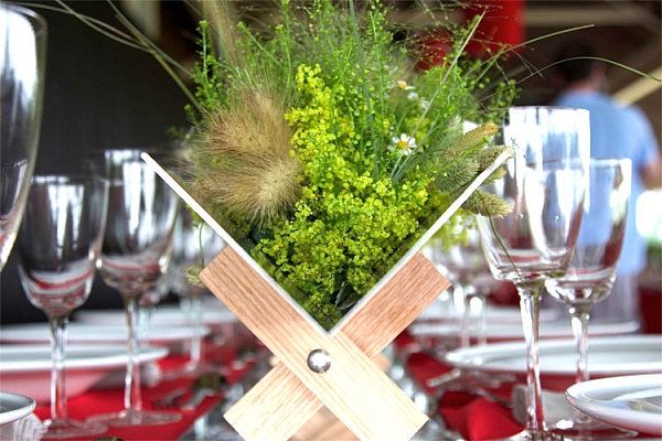 Organic centerpiece on a red tablecloth