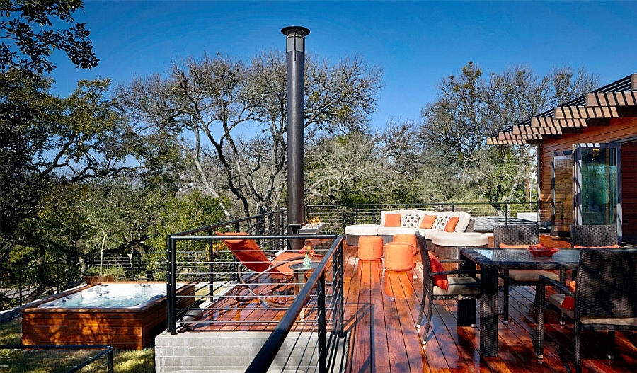 Outdoor Jacuzzi and wooden deck with plush seating