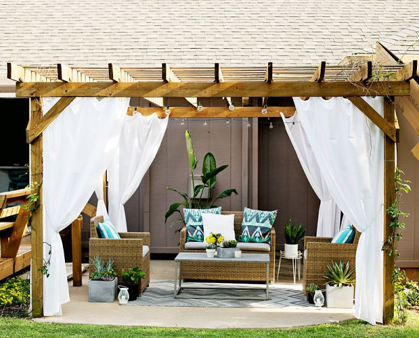 Outdoor pergola with curtains