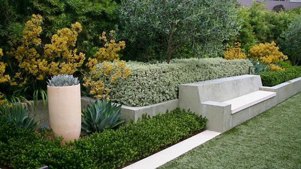 Outdoor space with gold, green, cream and stone