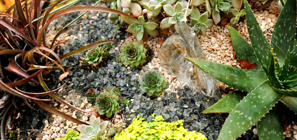 Pebbles, glass and low maintenance plants create a serene scape