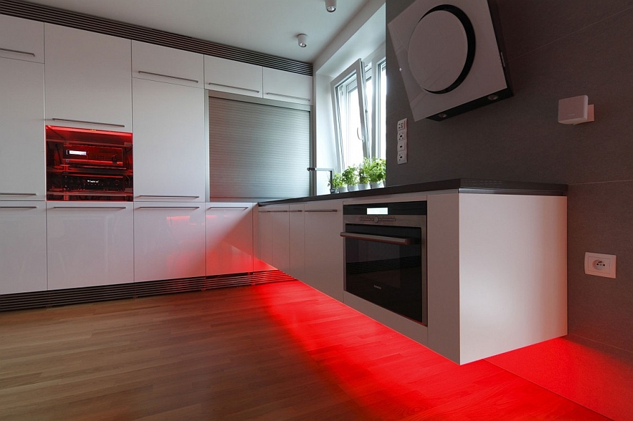 Red LED lighting for the floating kitchen counter