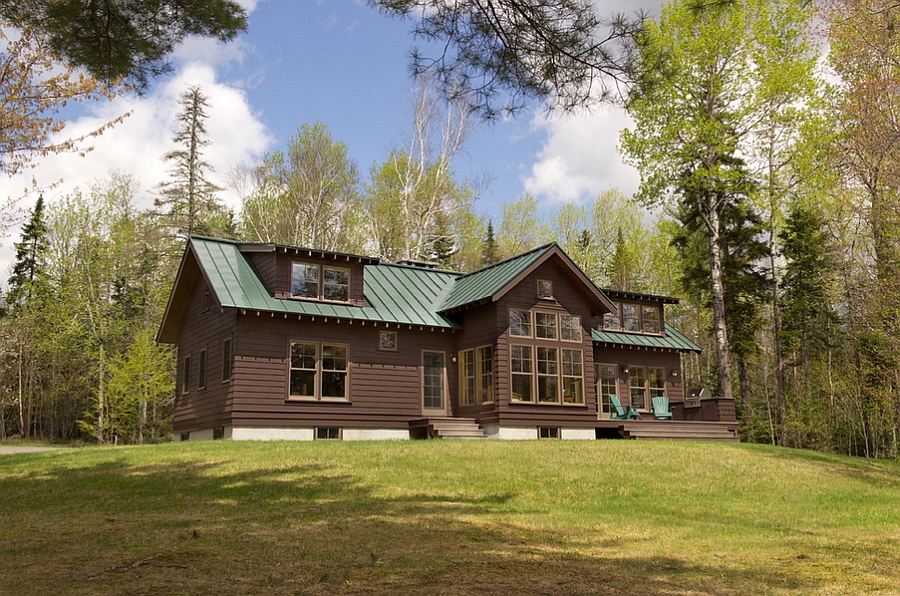 Rustic exterior of the Maine Lake cabin retreat