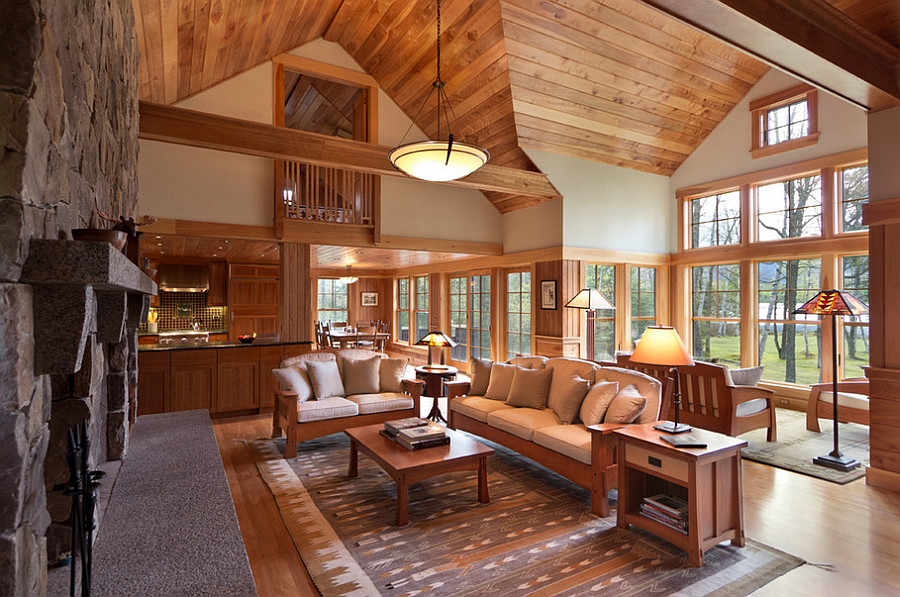 Rustic living room in wood and stone with lovely views outside