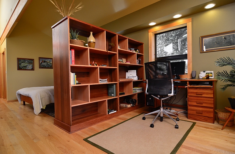 Shelf with ample storage space also acts as a room divider