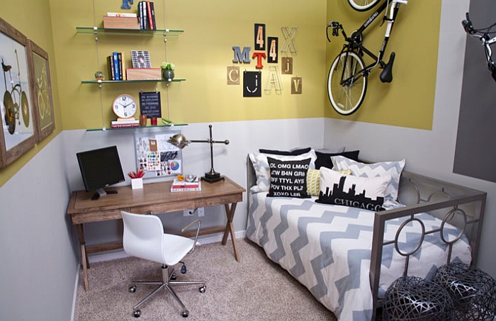 Small boys' bedroom with cool wall-mouted bicycles