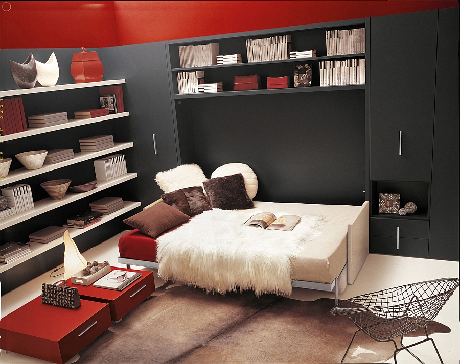 Space-saving murphy bed and sofa with additional storage units