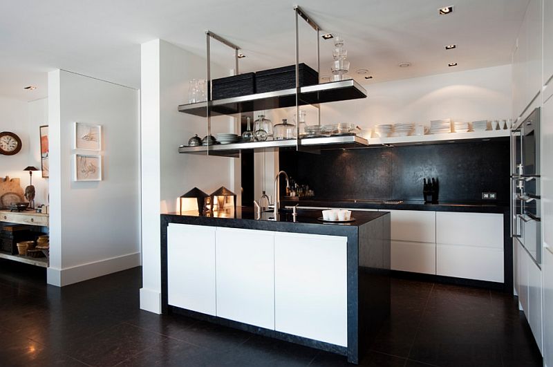 modern white kitchen dark floor