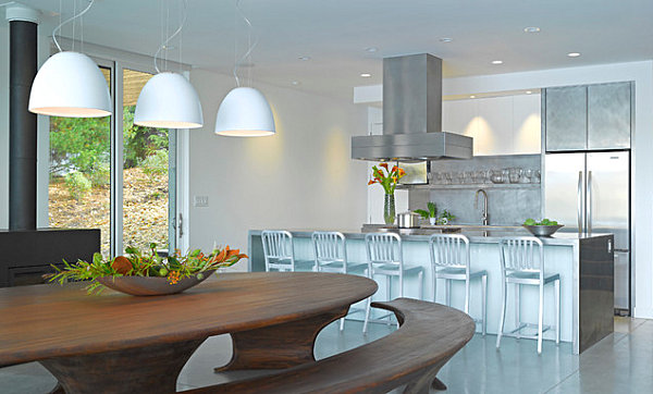 Stainless steel kitchen with a modern island