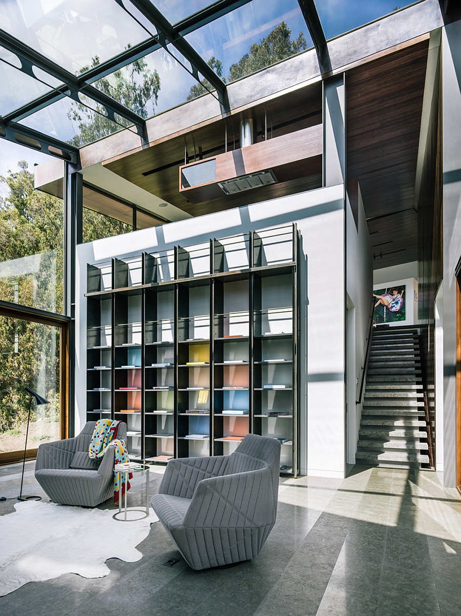 Steel, glass and copper dominate the majestic home library