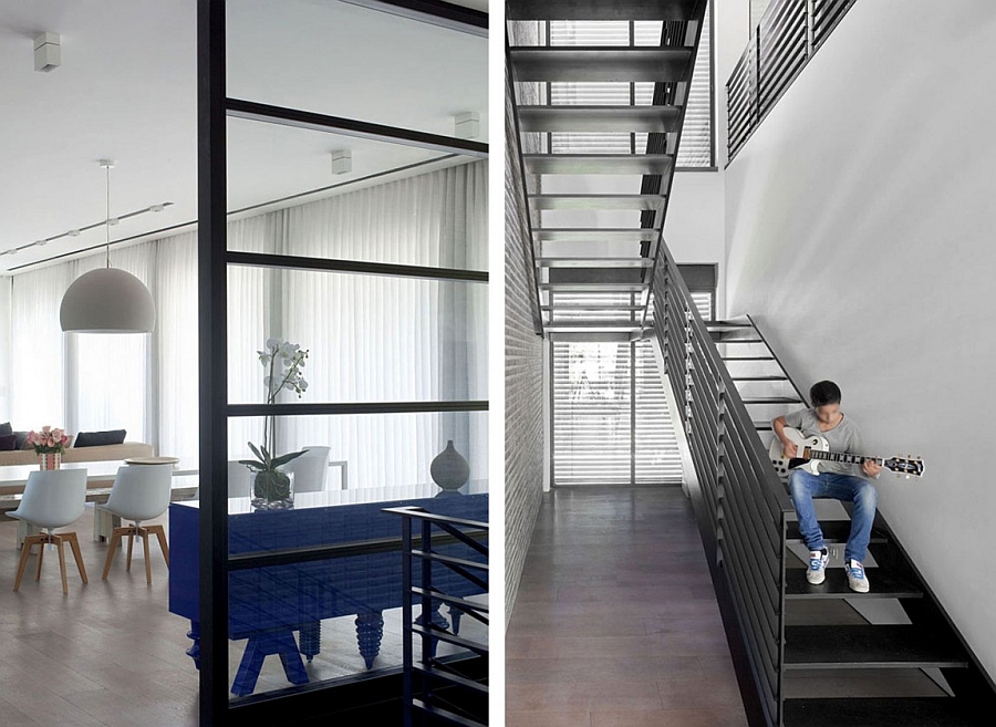 Steel staircase leading to the bedrooms