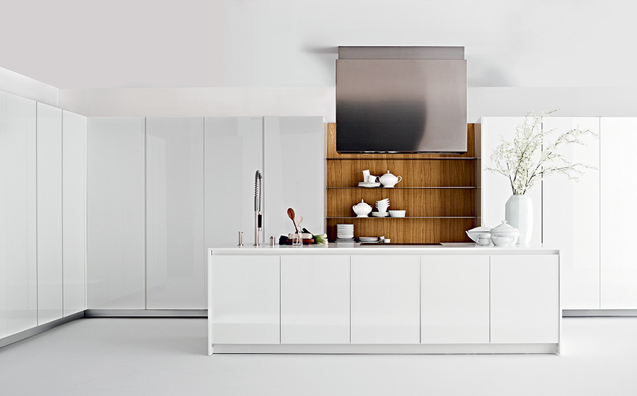 Stylish contemporary kitchen in white with wooden cabinets