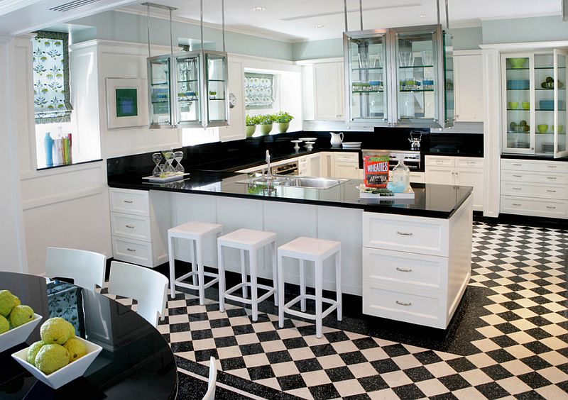 The flooring accentuates the black and white color scheme here