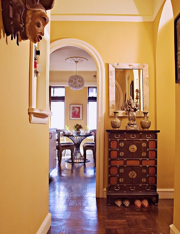 The silhouette of the apothecary table makes it ideal for the narrow entry