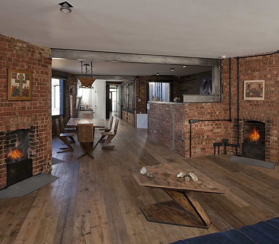 Traditional fireplaces and the brick walls give the home a classic English look