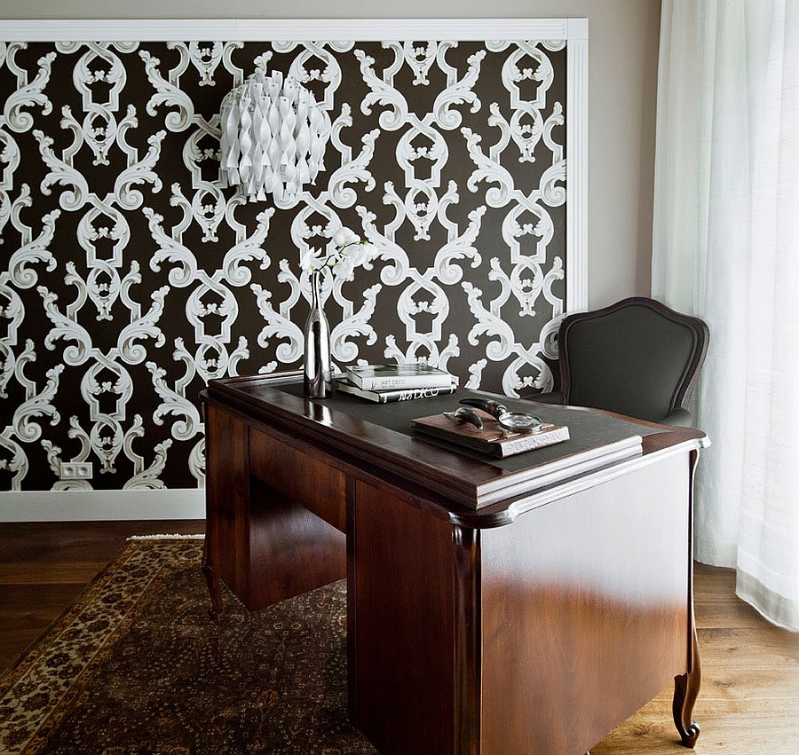 Traditional home office with lovely pattern on the wall